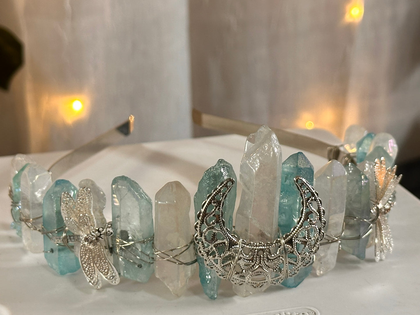 Light Blue-White Dragonfly Moon Quartz Fairy Crown