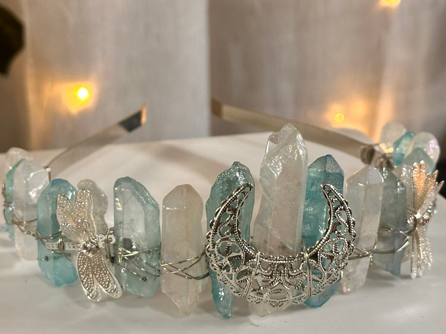 Light Blue-White Dragonfly Moon Quartz Fairy Crown