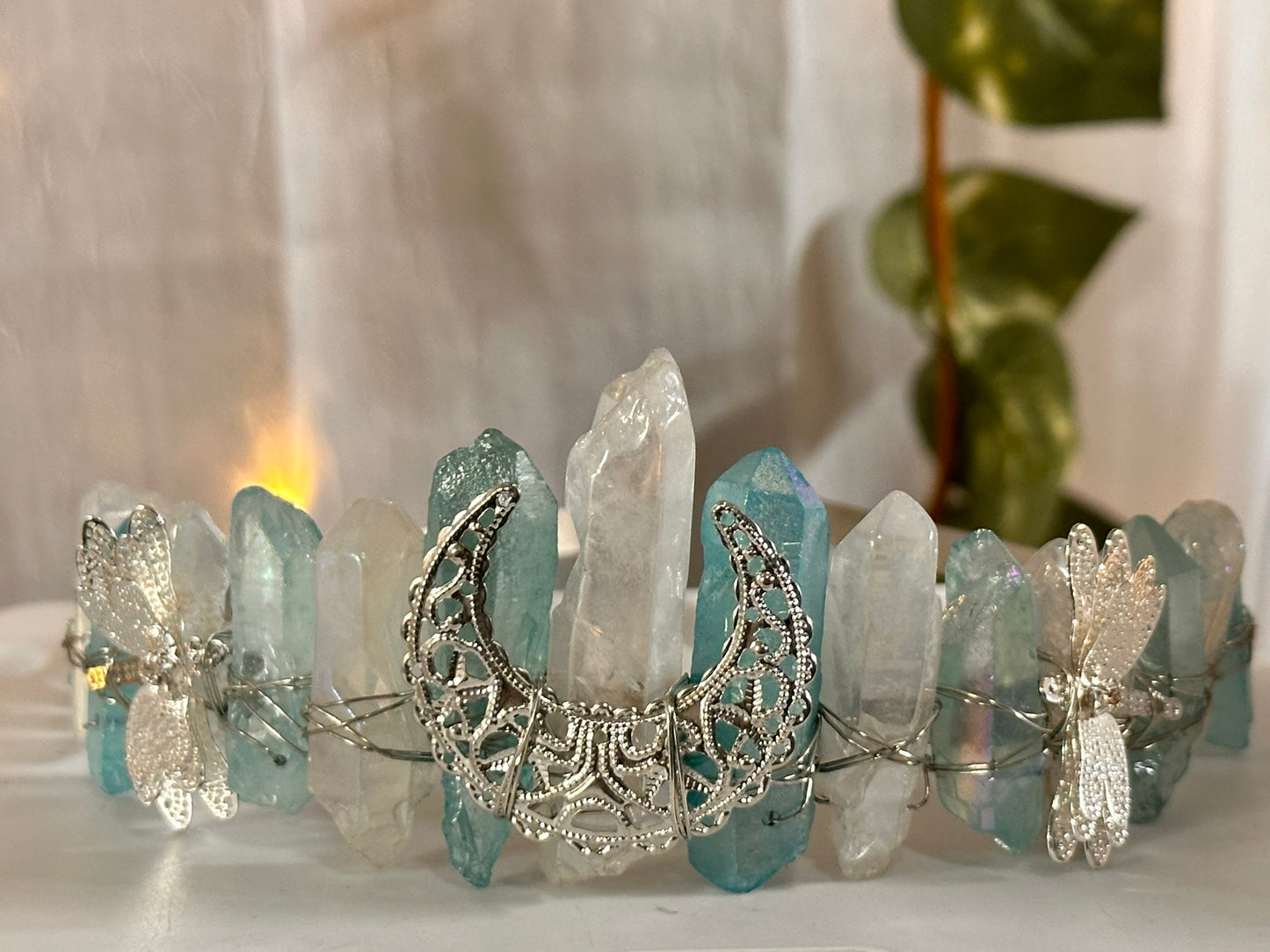 Light Blue-White Dragonfly Moon Quartz Fairy Crown