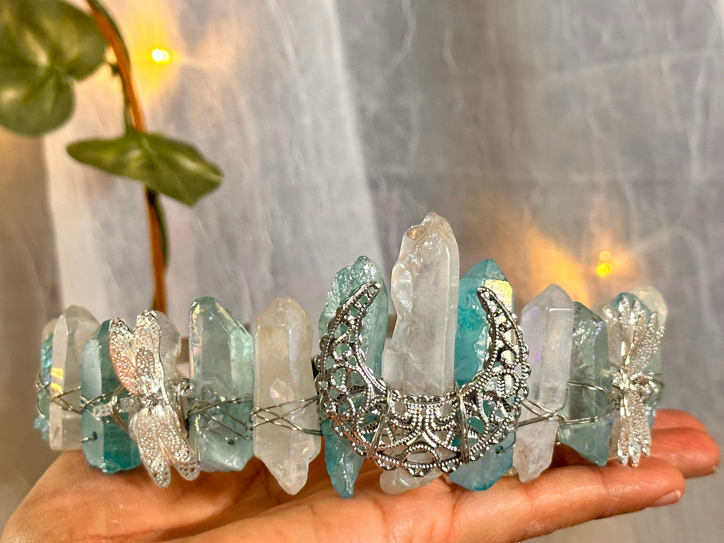 Light Blue-White Dragonfly Moon Quartz Fairy Crown