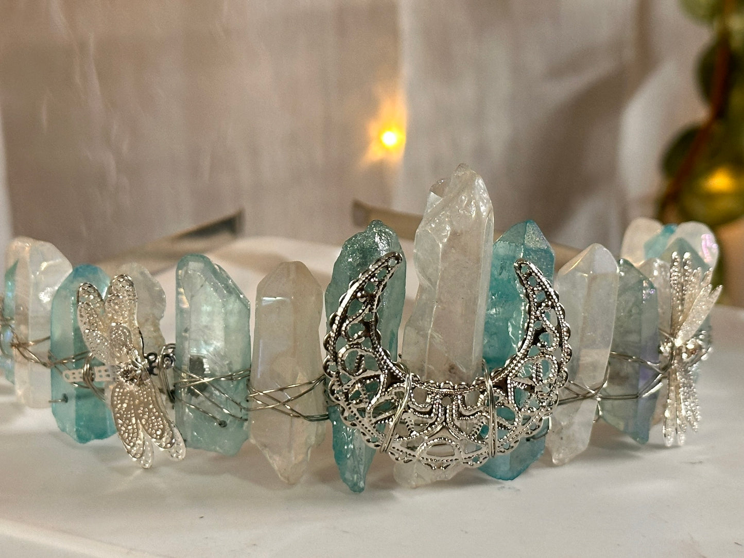 Light Blue-White Dragonfly Moon Quartz Fairy Crown