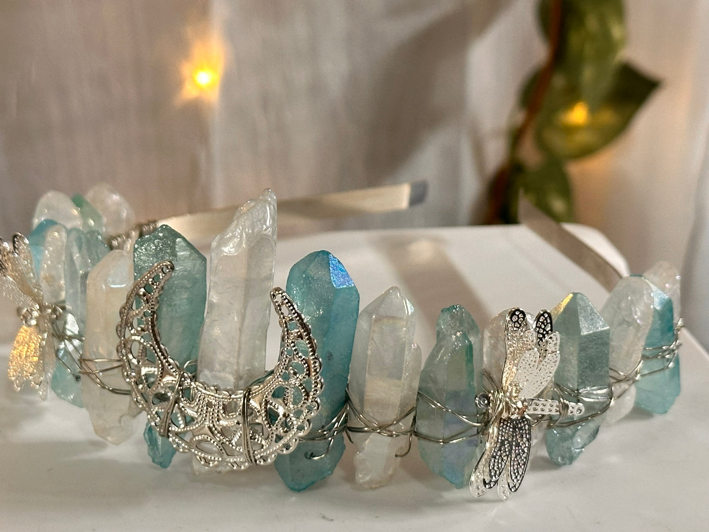 Light Blue-White Dragonfly Moon Quartz Fairy Crown