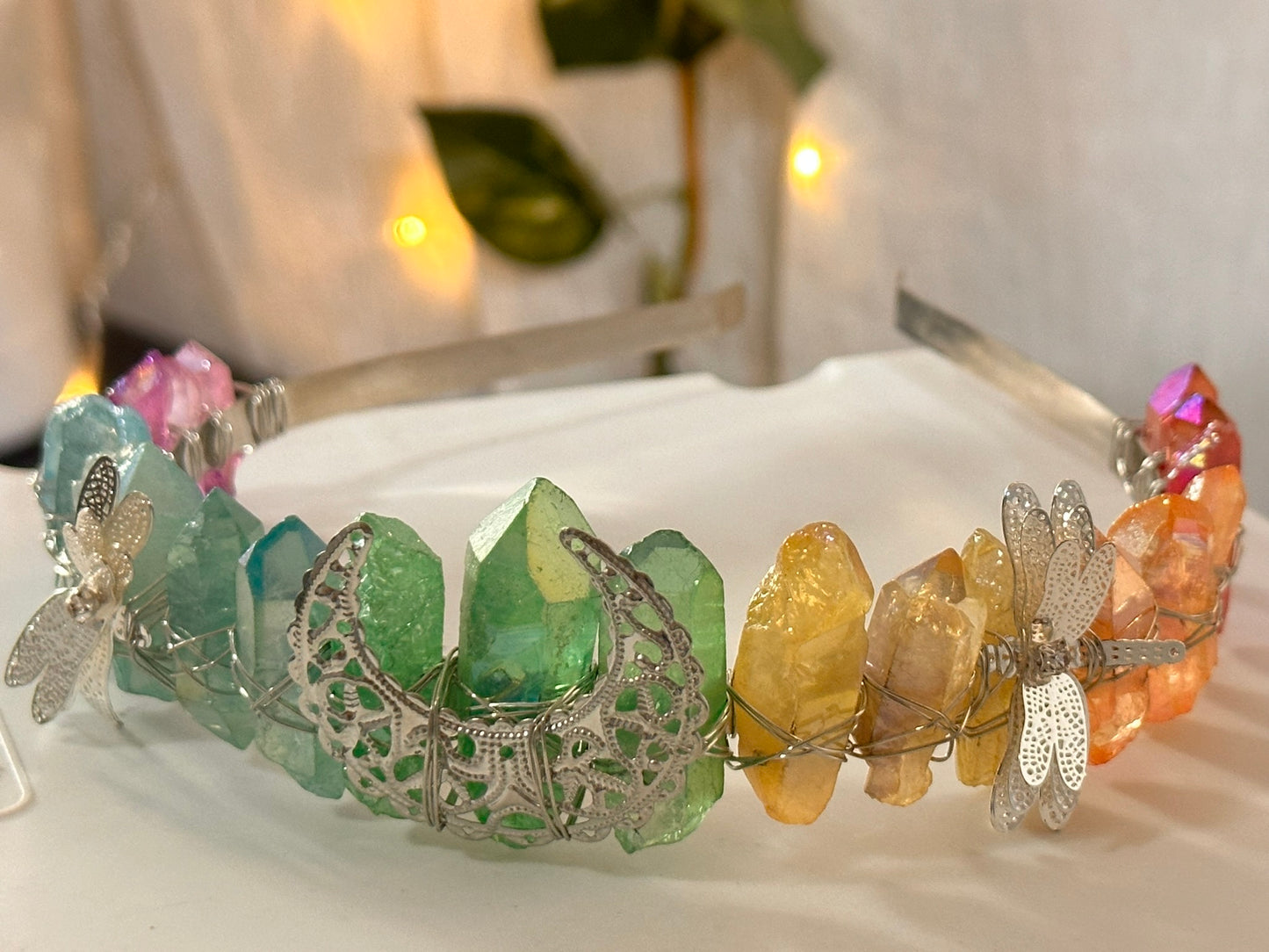 Colorful Dragonfly Moon Quartz Fairy Crown