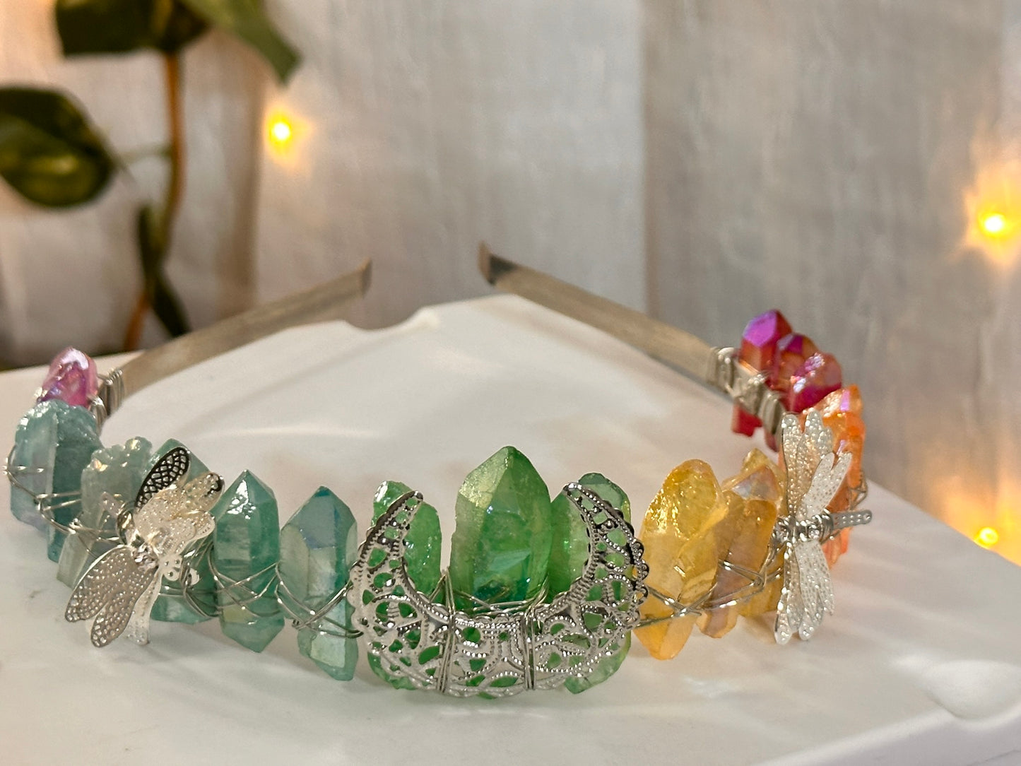 Colorful Dragonfly Moon Quartz Fairy Crown