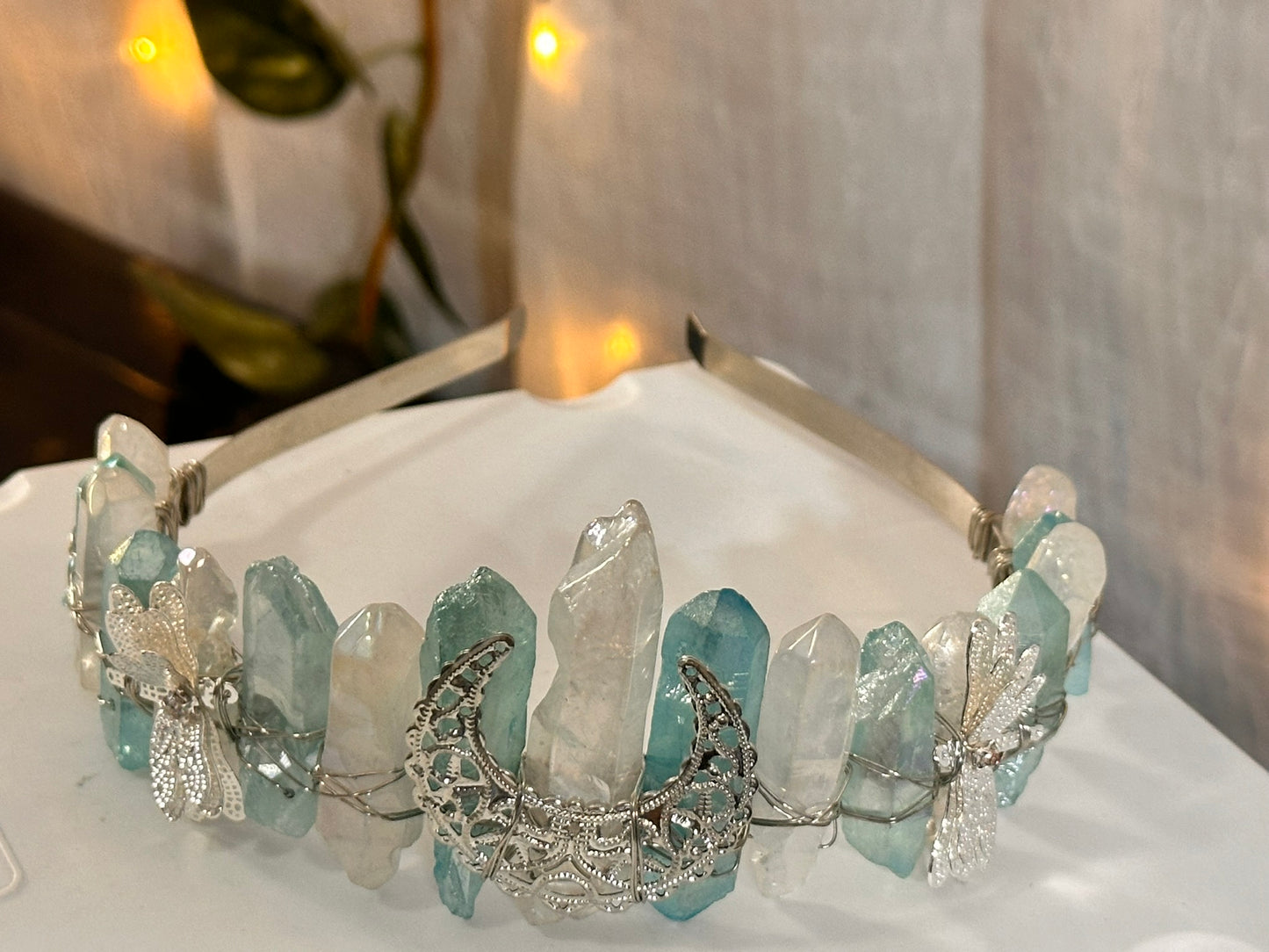 Light Blue-White Dragonfly Moon Quartz Fairy Crown