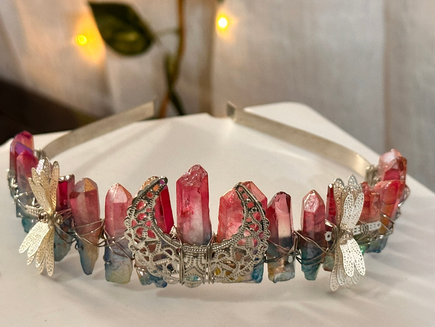 Pink and Blue Dragonfly Moon Quartz Fairy Crown