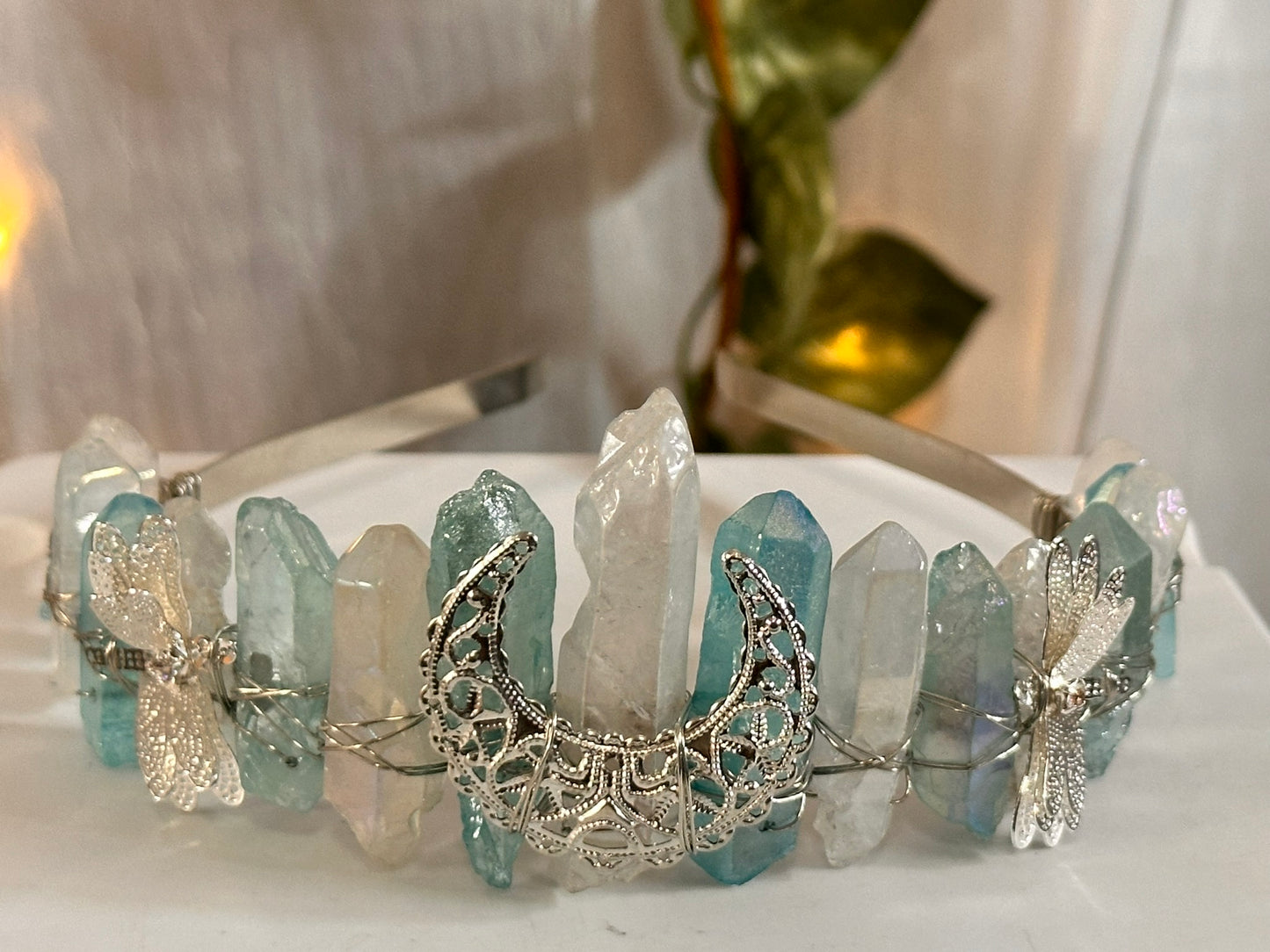 Light Blue-White Dragonfly Moon Quartz Fairy Crown