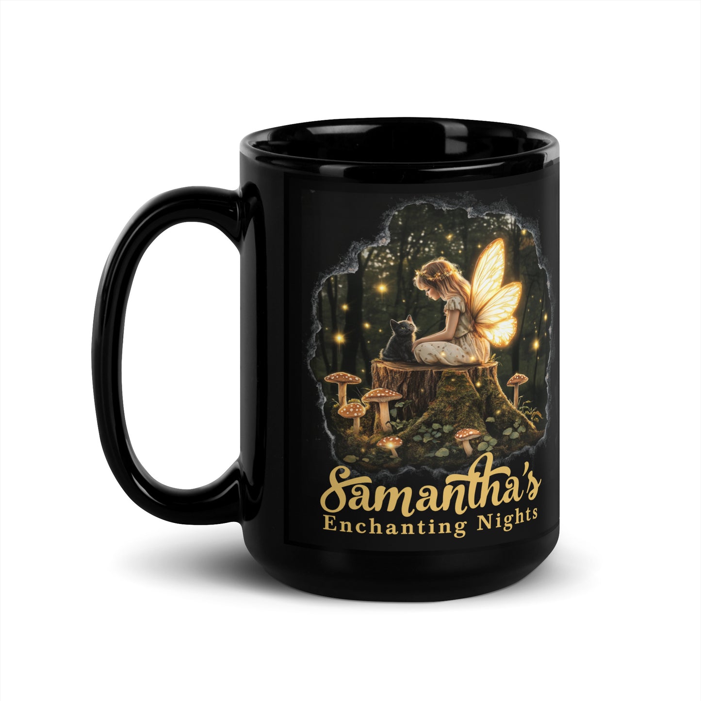 Enchanting Nights Mug | Personalized Mug with Fairy & Cat in Forest Design 1