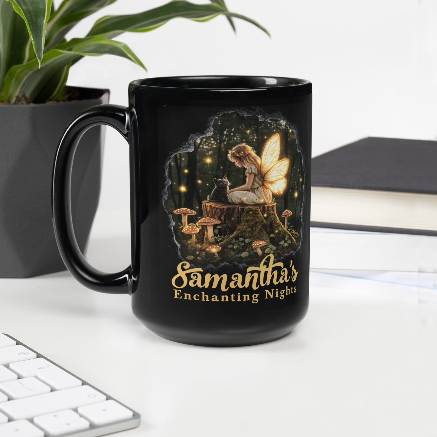 Enchanting Nights Mug | Personalized Mug with Fairy & Cat in Forest Design 1