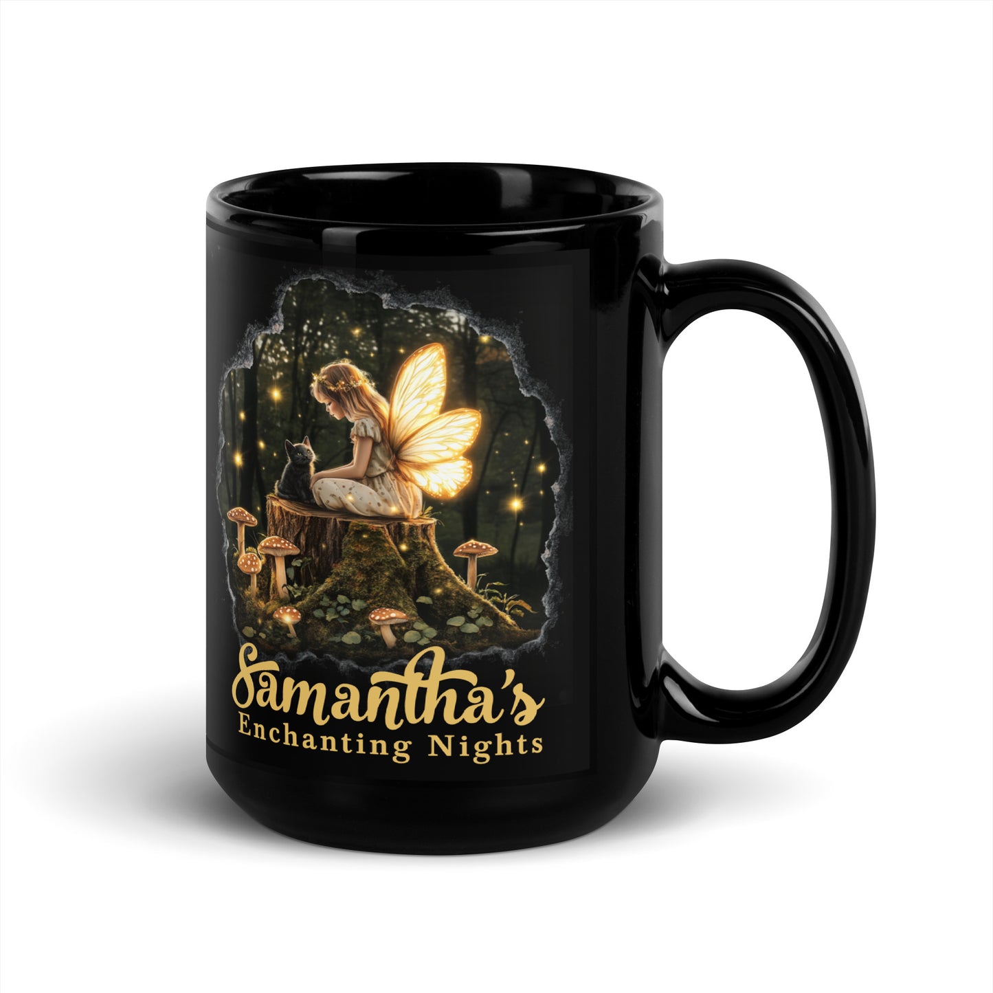 Enchanting Nights Mug | Personalized Mug with Fairy & Cat in Forest Design 1