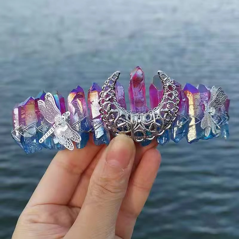 Pink and Blue Dragonfly Moon Quartz Fairy Crown